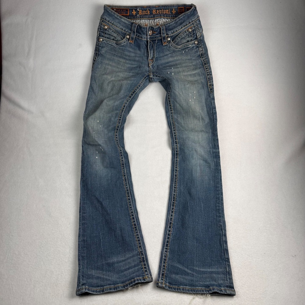 Rock Revival Patti Bootcut Jeans Womens 28 Medium Wash Thick Stitch Fleur De Lis